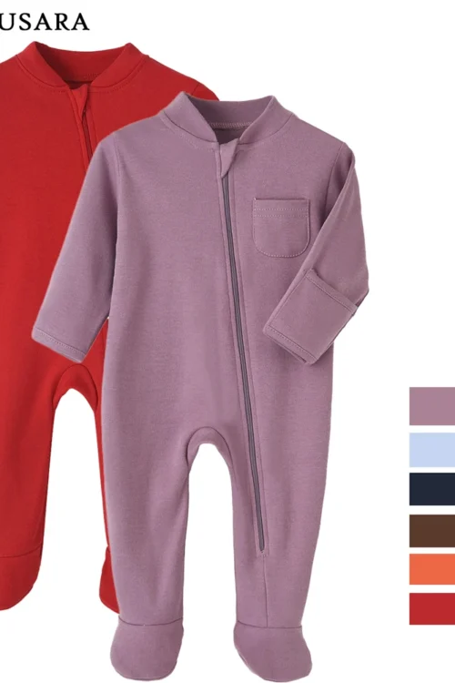 ملابس أطفال حديثي الولادة من القطن 100% بذلة بلون واحد مع سحاب للأطفال الرضع والأولاد والبنات قميص قاع للربيع بدلة قفز للقدمين