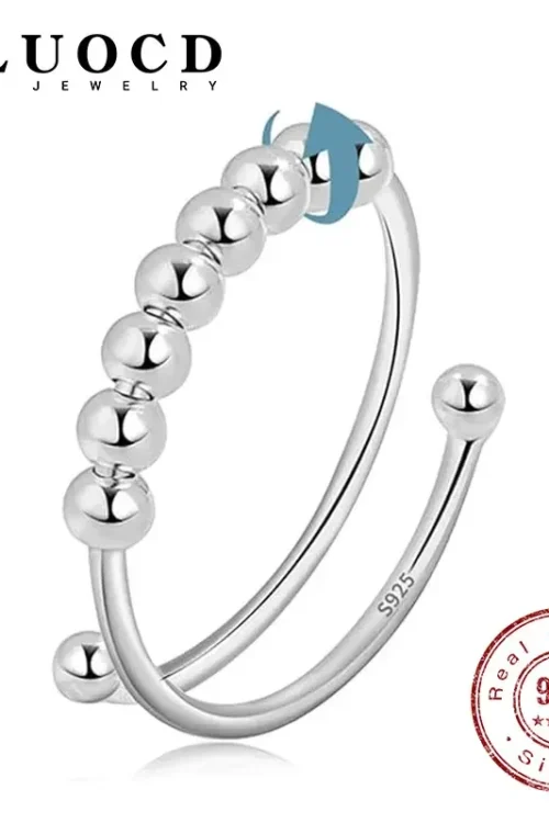 جديد 925 فضة الإجهاد الإغاثة تململ سبينر خواتم تدوير الخرز القلق قابل للتعديل خواتم للنساء الرجال غرامة مجوهرات