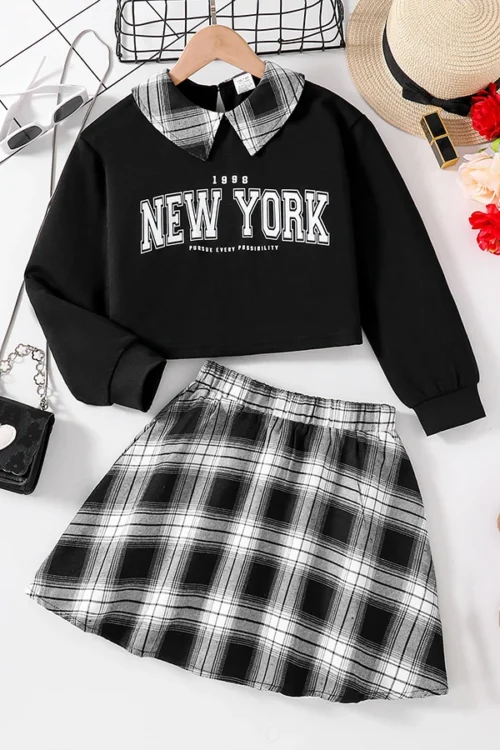 الفتيات أزياء عارضة 2 قطعة مجموعة طية صدر السترة السوداء بأكمام طويلة إلكتروني طباعة قميص منقوشة تنورة ربيع الخريف جديد