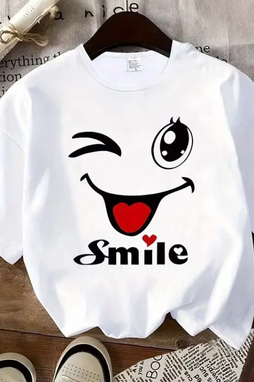 تي شيرت نسائي بطباعة وجه مبتسم مضحك، تصميم التسعينات وY2K، ياقة دائرية وأكمام قصيرة، ملابس كاجوال للنساء والفتيات
