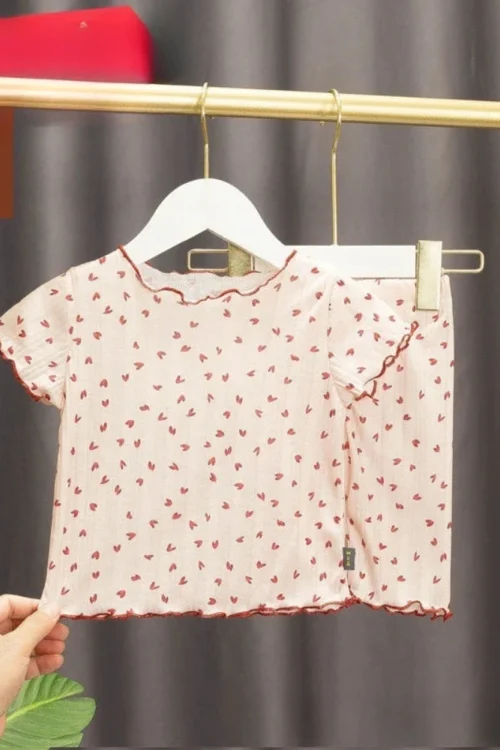 صيف جديد الفتيات الطفل منامة قاعدة الجولة الرقبة الأزهار قصيرة الأكمام تي شيرت فستان أطفال مع سروال داخلي ملابس الاطفال غير رسمية اليومية 3-7 سنوات من العمر