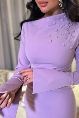فساتين الحفلات الراقصة من Fairytale-Lilac من الساتان حورية البحر مع أزرار ، دبي ، العربية السعودية ، فساتين سهرة فاخرة ، أكمام طويلة ، 2023