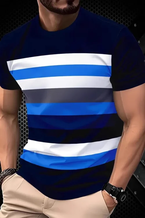 تي شيرت رجالي مخطط ثلاثي الأبعاد لعام 2025 تي شيرت غير رسمي برقبة دائرية وأكمام قصيرة للأنشطة الخارجية ملابس صيفية كبيرة الحجم ملابس الشارع الشهير