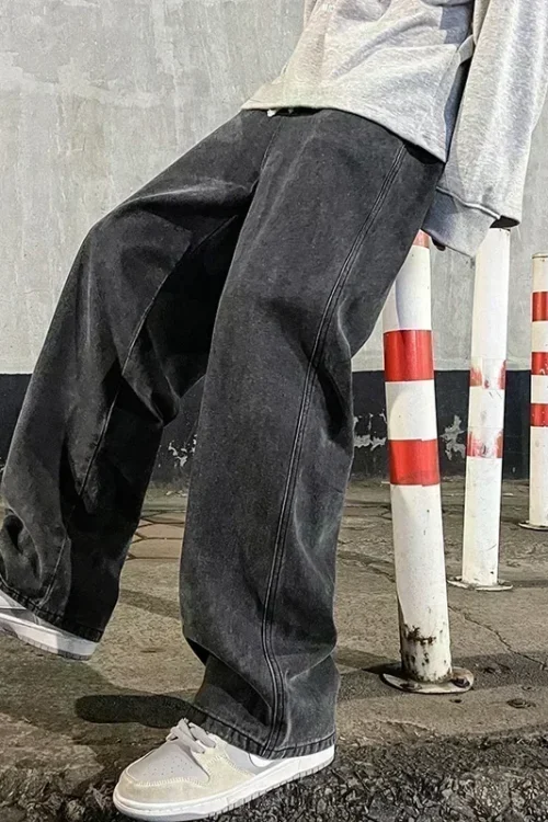 جديد 2025 جينز فضفاض للرجال على الطراز الكوري موضة فضفاضة مستقيمة بنطال ذو قصة أرجل واسعة ملابس رجالية ماركة أسود أزرق فاتح