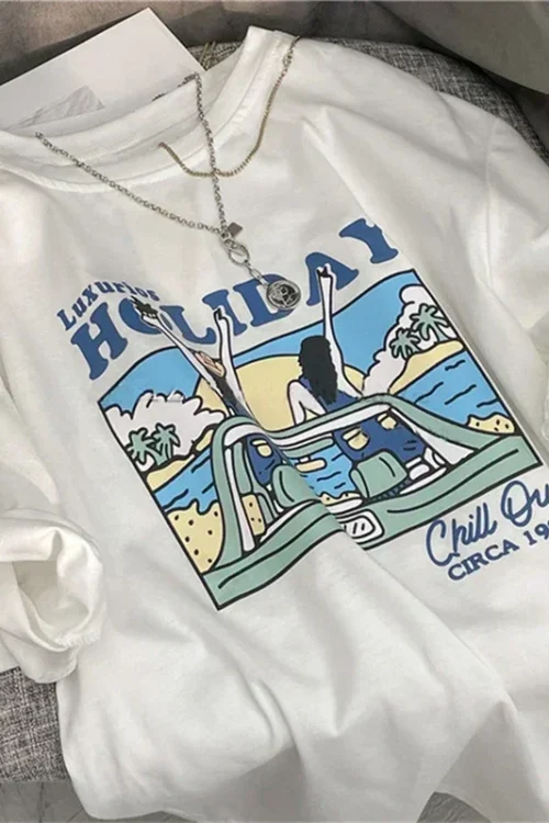 الرجعية الأمريكية المرأة تي شيرت الصيف قصيرة الأكمام شيك الأعلى الأبيض العصرية جولة الرقبة المطبوعة تي شيرت ملابس امرأة