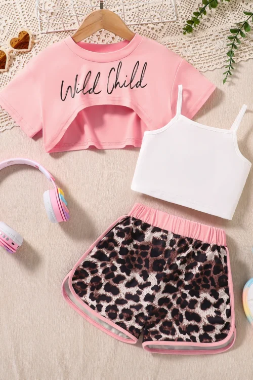 أزياء صيفية للأطفال بسيطة غير رسمية مكونة من 3 قطع ملابس رياضية كاجوال للفتيات لقضاء العطلات والصيف ومريحة ومريحة للركض