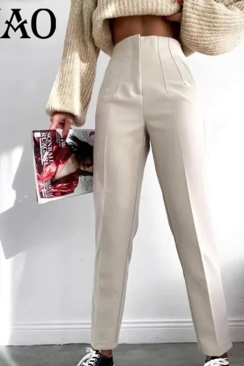 HXAO ملابس مكتب المرأة السراويل الرسمية مطوي عالية الخصر السراويل للنساء عادية الأبيض اقتصاص السراويل Blackpink امرأة السراويل