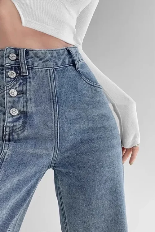 بنطلون جينز نسائي عالي الخصر فضفاض ومستقيم الساق ثنيات واسعة الساق من قماش الدنيم