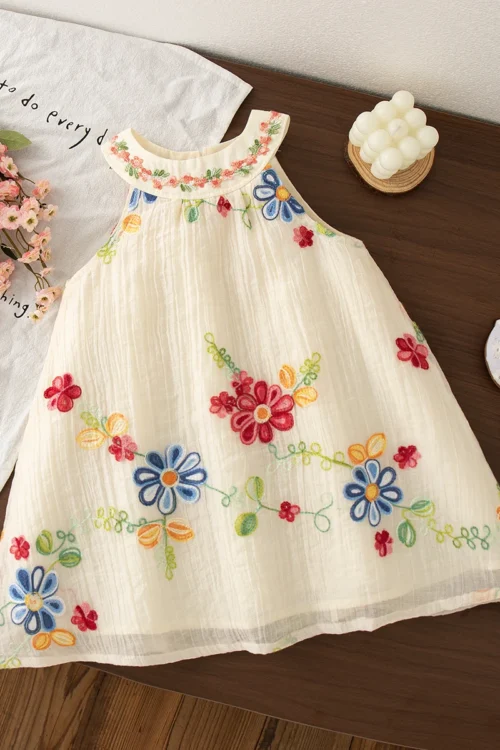 فساتين طفلة الصيف زهرة التطريز القطن الرقبة الفتيات فساتين لطيف الفتيات فساتين الشاطئ ملابس طفلة