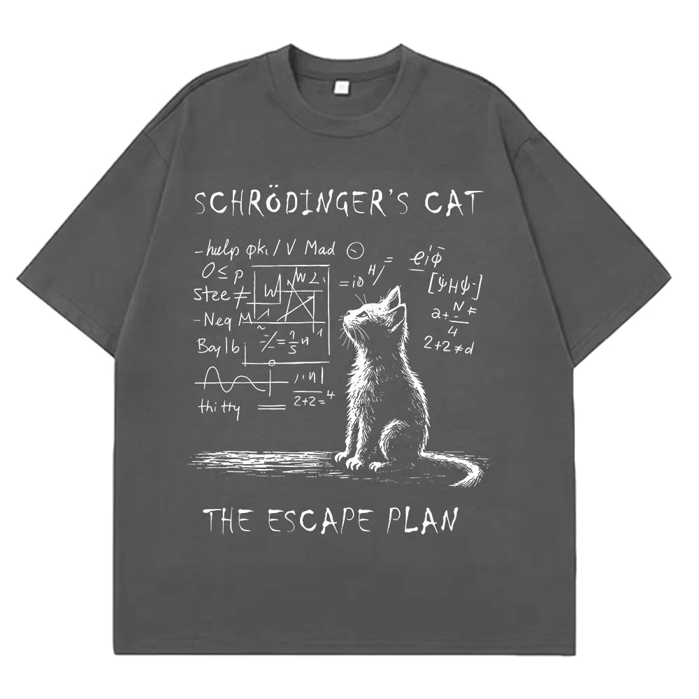 Schrodinger القط الفيزياء ميكانيكا الكم الإبداعية طباعة الصيف قصيرة الأكمام القطن تي شيرت الرجال النساء الشارع الشهير فضفاض تي شيرت - الصورة 5