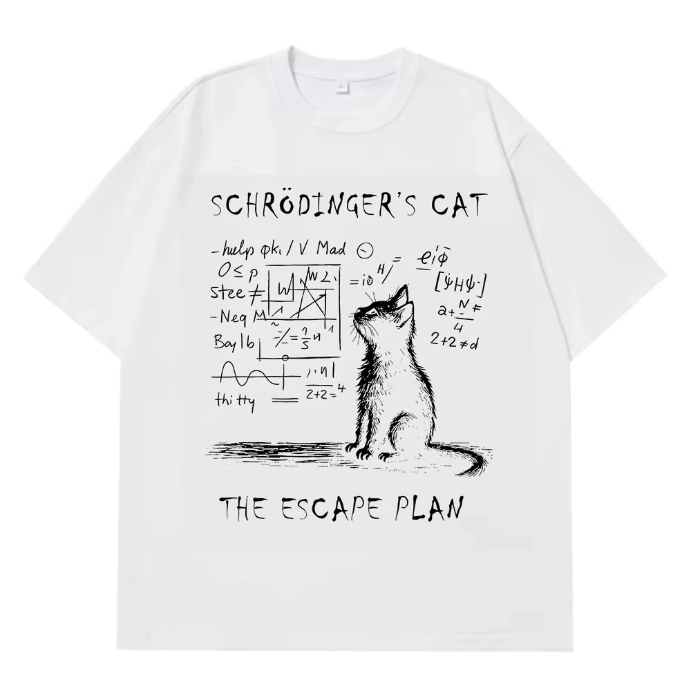Schrodinger القط الفيزياء ميكانيكا الكم الإبداعية طباعة الصيف قصيرة الأكمام القطن تي شيرت الرجال النساء الشارع الشهير فضفاض تي شيرت - الصورة 2
