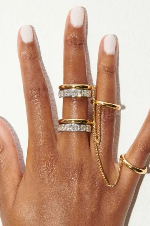 موضة تشيكوسلوفاكيا الزركون الفولاذ المقاوم للصدأ طبقة مزدوجة سلسلة حلقة للنساء مطلية بالذهب شرابة ربط حلقة الهيب هوب مجوهرات مقاوم للماء