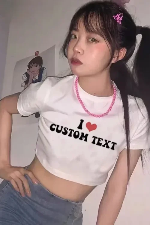 أنا أحب مخصص اقتصاص المرأة السببية فضفاض صورتك هنا Diy بها بنفسك شعار شخصي الصورة الخاصة الإناث س الرقبة المحاصيل تي شيرت