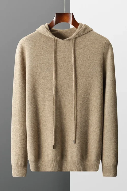 سترة DjzDsm 100% من صوف ميرينو للرجال قطعة واحدة جاهزة للارتداء مع قلنسوة محبوكة للخريف والشتاء بلوزة كبيرة غير رسمية بأكمام طويلة