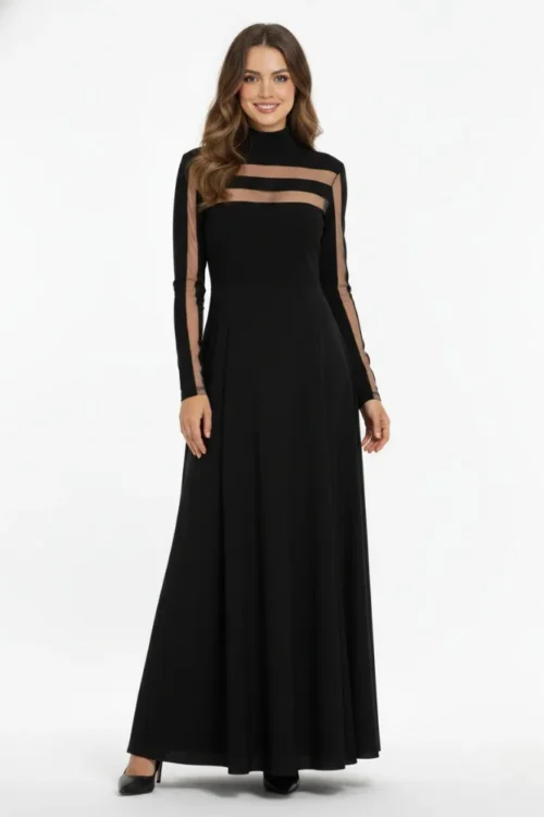 فستان سهرة نسائي فاخر من Freeacy، أسود بياقة عالية وأكمام طويلة وخصر مرتفع وتنورة واسعة، شفاف، موديل 2026