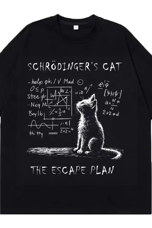 Schrodinger القط الفيزياء ميكانيكا الكم الإبداعية طباعة الصيف قصيرة الأكمام القطن تي شيرت الرجال النساء الشارع الشهير فضفاض تي شيرت