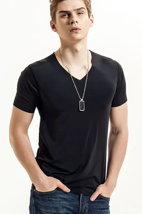 الصيف سلس الحرير الجليد تي شيرت سترة الرجال لا أثر الرياضة قمصان قصيرة الأكمام تي شيرت الصلبة الخامس الرقبة تيز سريعة الجافة قميص قمم 5XL