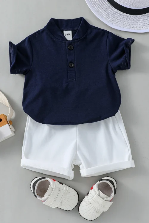طقم ملابس للأطفال الرضع مكون من قطعتين، تي شيرت أبيض بأكمام قصيرة، شورت صيفي كاجوال يومي لبدلات الأطفال الصغار