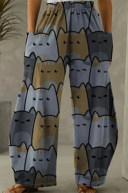 المرأة كبيرة الحجم الكرتون القط فضفاضة واسعة أرجل السراويل الخريف والشتاء عارضة مرونة الخصر السراويل المنزل حجم كبير النساء الملابس