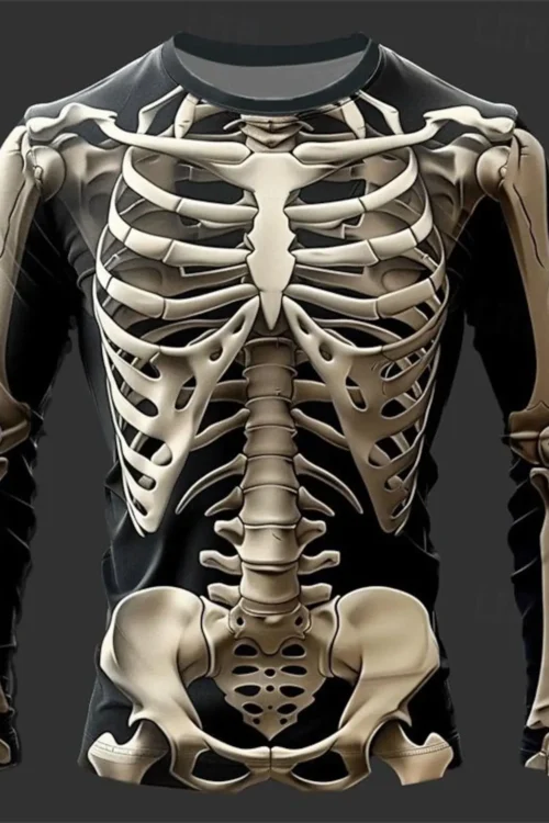 تصميم جمجمة جرافيك غير رسمي ثقافة فرعية للرجال طباعة ثلاثية الأبعاد رياضية خارجية بأكمام طويلة ورقبة مستديرة قميص ملابس الربيع والخريف