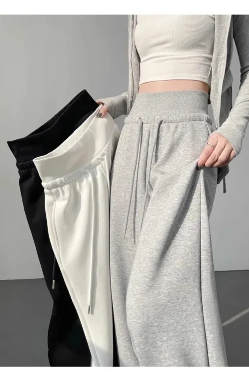 سراويل رياضية نسائية رمادية عالية الخصر معلقة فضفاضة للتنحيف مستقيمة الساق واسعة الساق سراويل رياضية أمريكية.