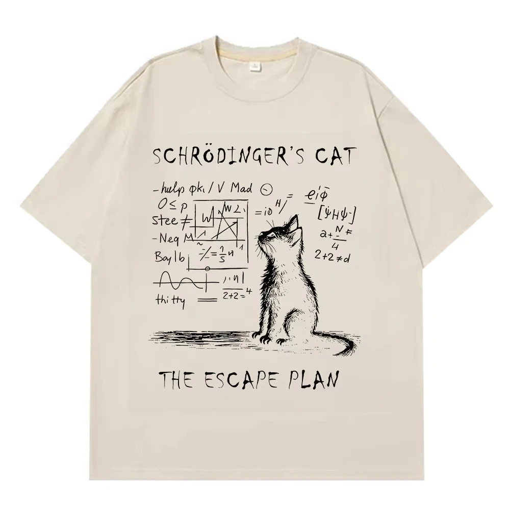 Schrodinger القط الفيزياء ميكانيكا الكم الإبداعية طباعة الصيف قصيرة الأكمام القطن تي شيرت الرجال النساء الشارع الشهير فضفاض تي شيرت - الصورة 6