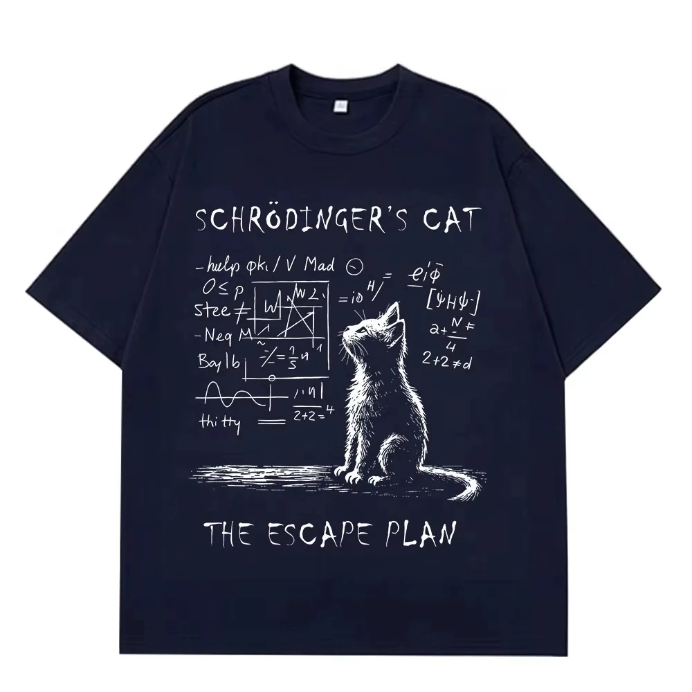 Schrodinger القط الفيزياء ميكانيكا الكم الإبداعية طباعة الصيف قصيرة الأكمام القطن تي شيرت الرجال النساء الشارع الشهير فضفاض تي شيرت - الصورة 4
