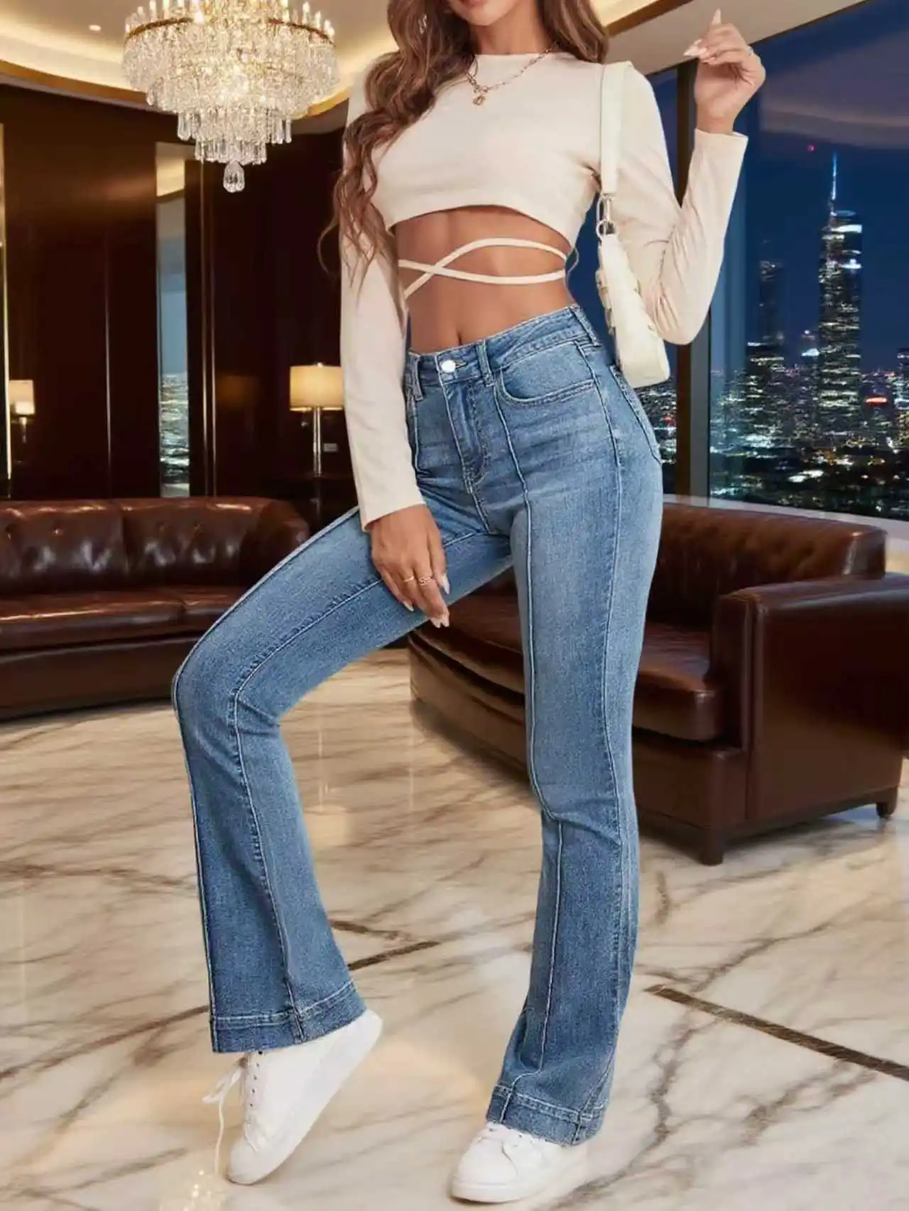 رمادي تمتد المرأة متوهج الجينز الفرنسية التماس التفاصيل تصميم بسيط تنوعا التخسيس Bootcut السراويل النسائية السراويل الجينز - الصورة 5