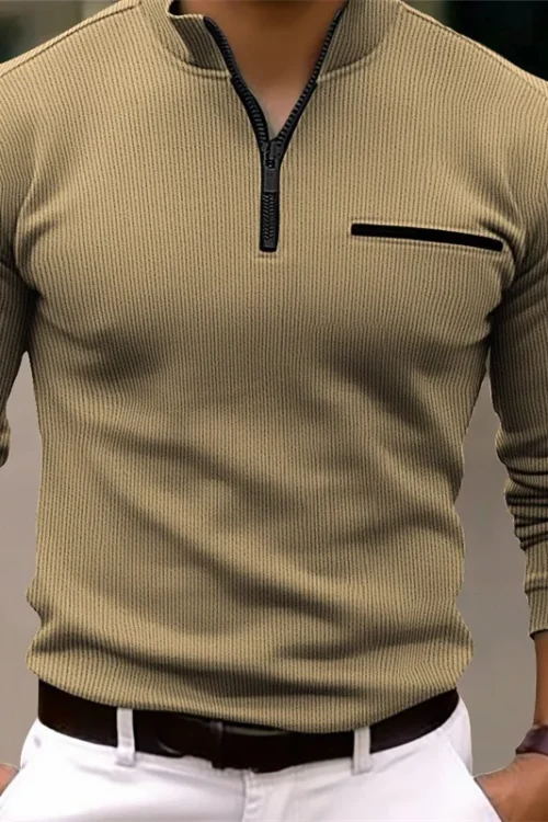 الرجال جديد الربيع والخريف بأكمام طويلة قميص بولو مخطط سستة طوق الرجعية نمط الرياضة في الهواء الطلق الترفيه قميص بولو خفيف