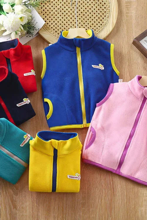 سترة شاكر مبطنة للأطفال ، أولاد وبنات ، سترة بدون أكمام ، دافئة ، بلون واحد ، سحاب ، سميكة ، ملابس ، خريف ، شتاء